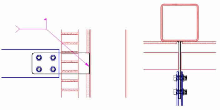 Vertical HSS member (tube steel) sunshade clip attachment